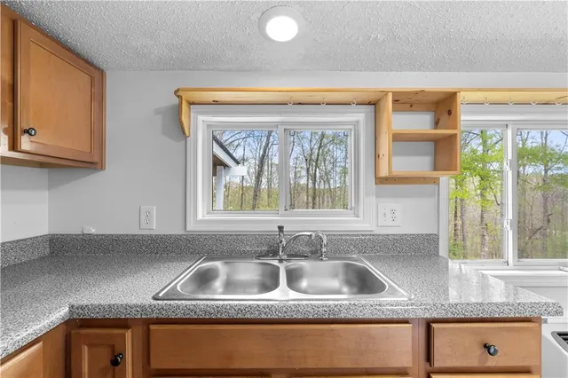 a kitchen with a refrigerator and a sink