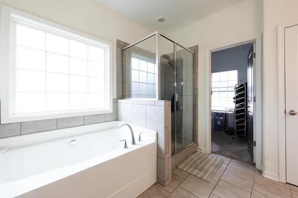 a bathroom with a bathtub and a shower