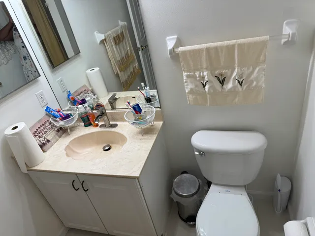 a bathroom with a toilet sink and mirror
