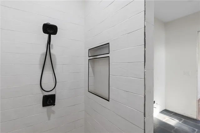 a storage room with a workspace