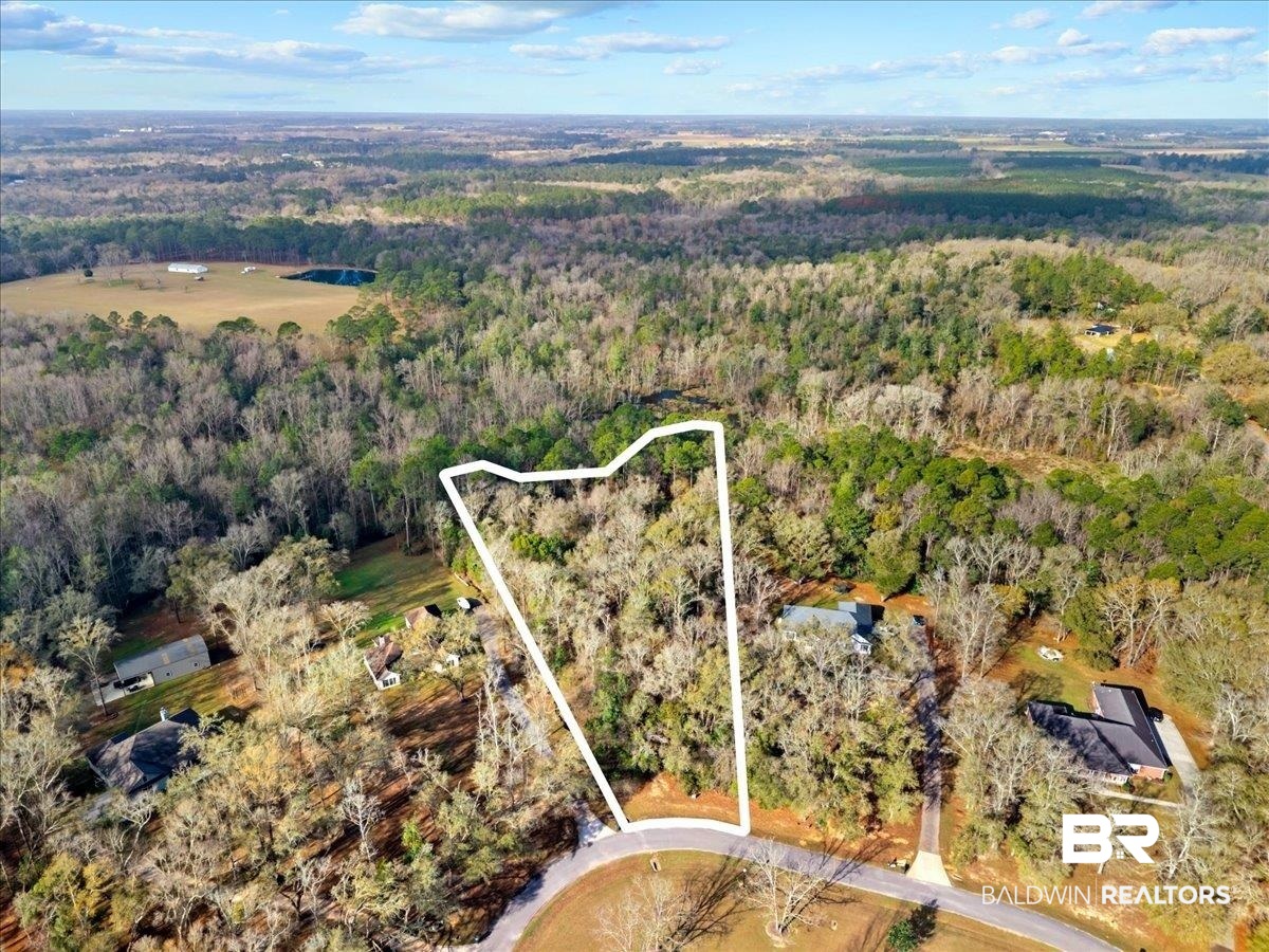 Chene Trace Robertsdale, AL 36567 - Photo 5 of 22 Aerial view of property and surrounding area featuring property parcel outlined and a heavily wooded area