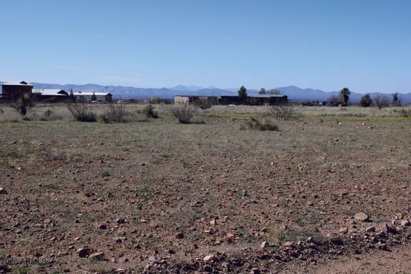 a view of a dry field with trees in background