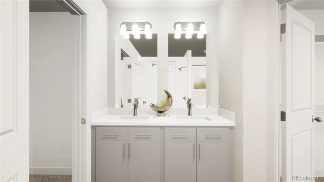 a bathroom with a double vanity sink and mirror