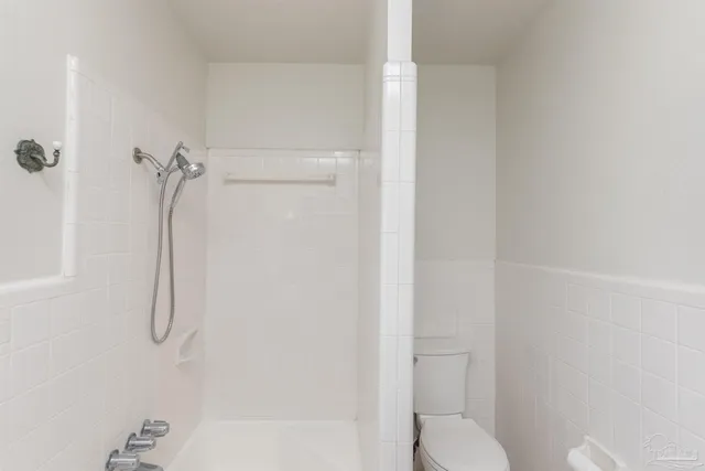a bathroom with a shower and toilet