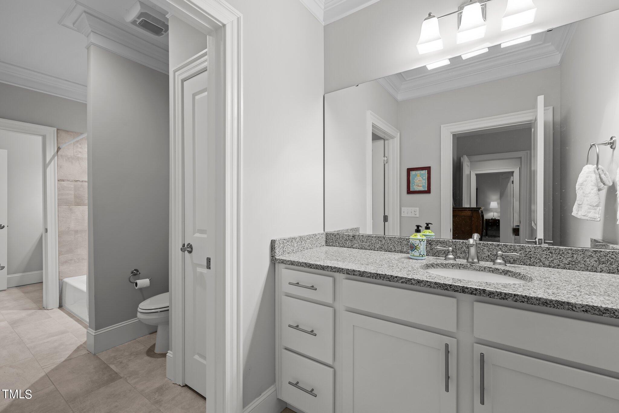 504 Valleyshire Road Durham, NC 27707 - Photo 27 of 38 a bathroom with a granite countertop sink mirror and a toilet