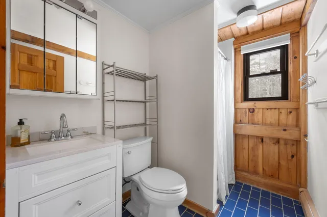 a bathroom with a toilet sink vanity and mirror
