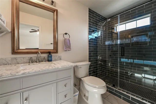 a bathroom with a granite countertop sink toilet and shower