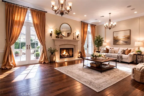 a living room with furniture fireplace and flat screen tv