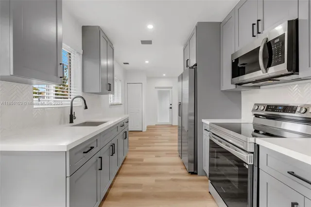 a kitchen with stainless steel appliances white cabinets and a sink