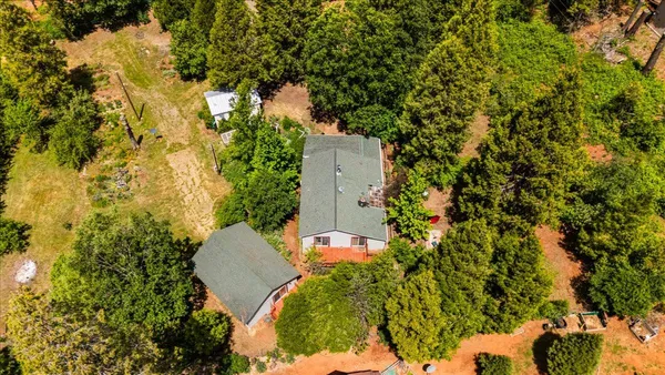 an aerial view of a house with a yard and trees all around