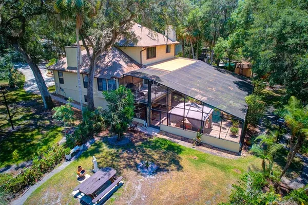 an aerial view of a house with a yard potted plants and large tree