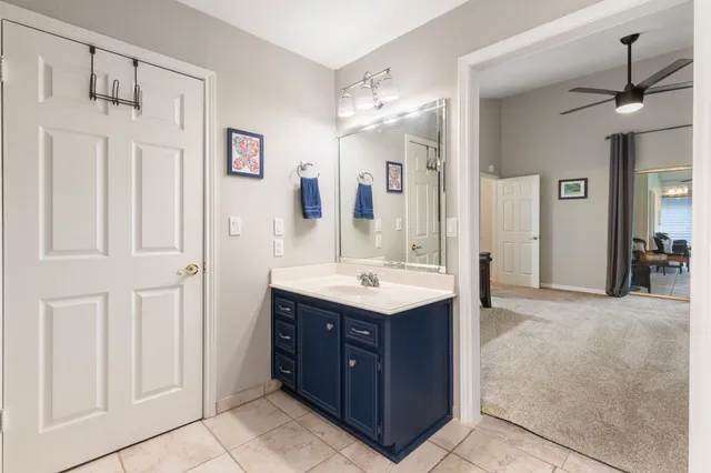 a bathroom with a sink vanity and a mirror