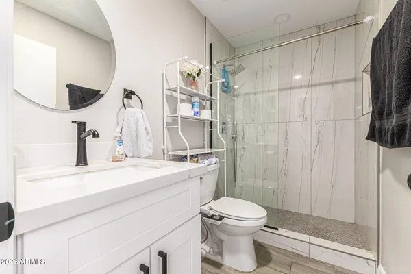 a bathroom with a sink a toilet and shower