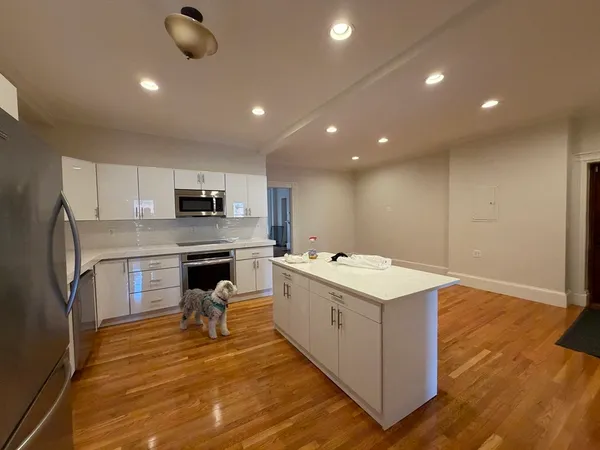 a kitchen with kitchen island a sink appliances and cabinets