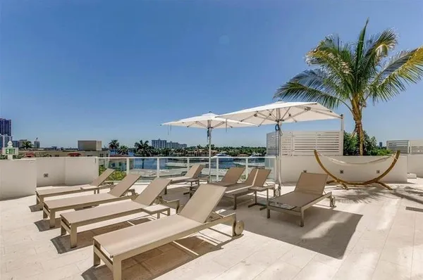 a view of roof deck with tall buildings