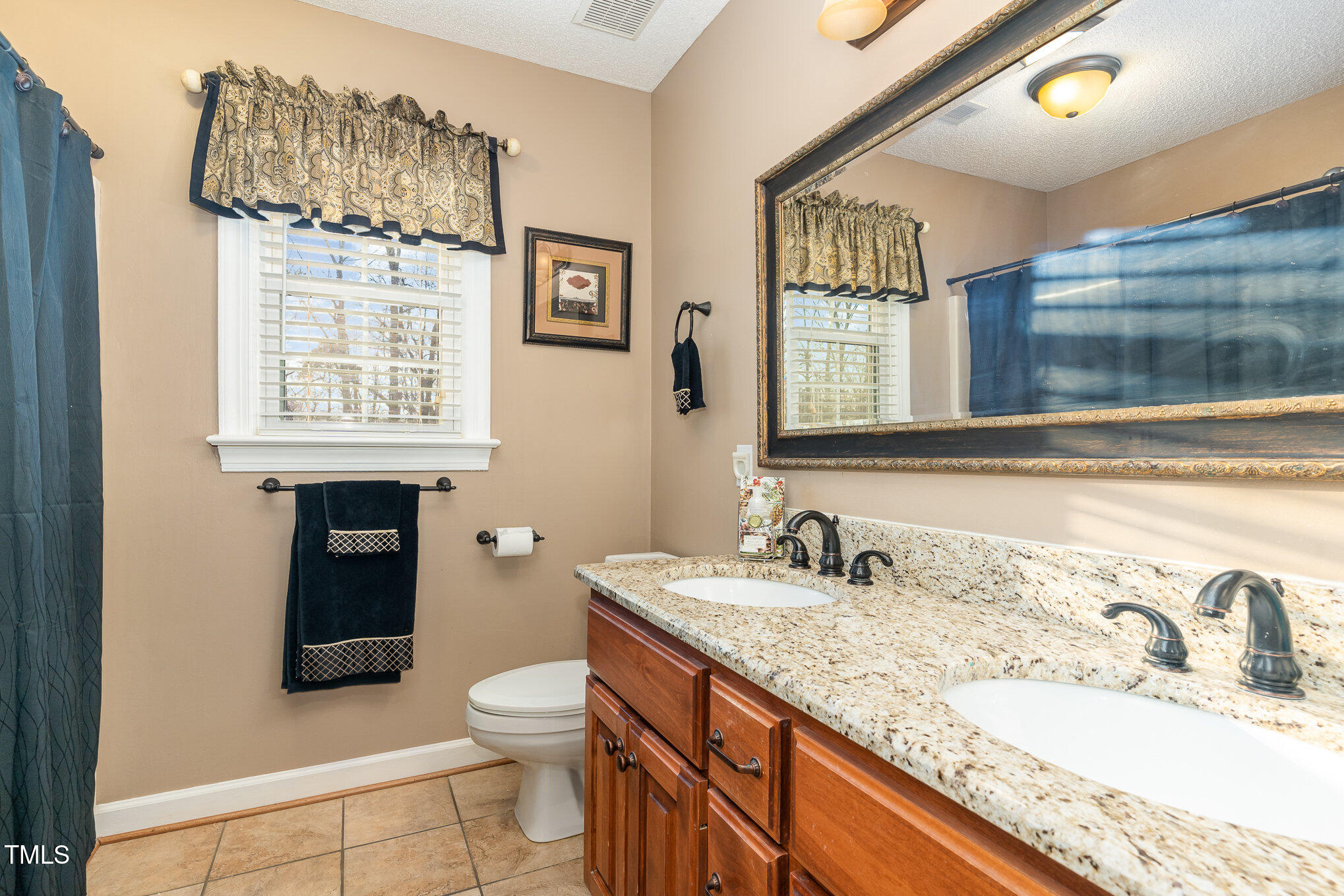 6132 Wolverhampton Drive Raleigh, NC 27603 - Photo 23 of 40 a bathroom with a granite countertop sink a toilet and shower