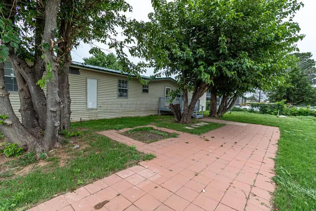 a backyard of a house with plants and large tree