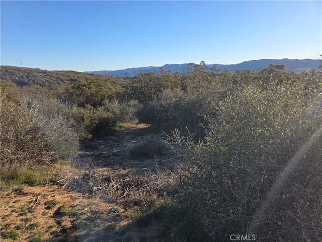 a view of a mountain in the distance in a field