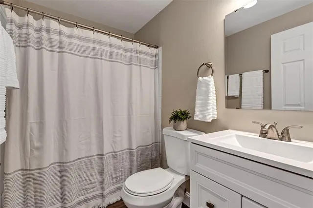 a bathroom with a sink a toilet a mirror and shower curtain