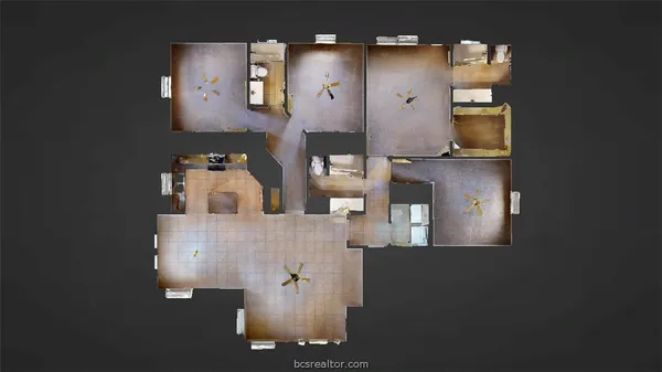 an aerial view of residential houses with outdoor space and parking