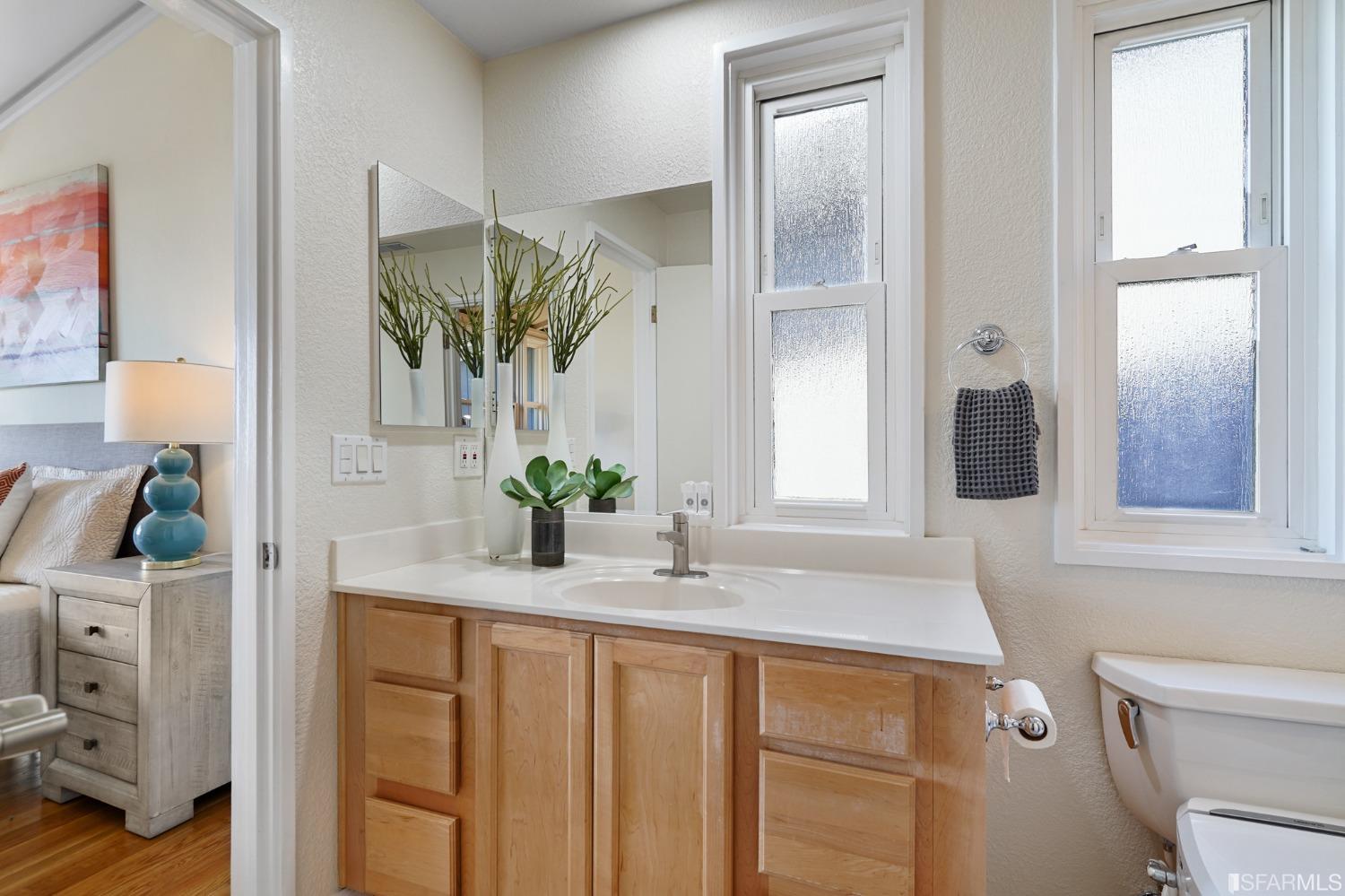 31 Avenida Drive Berkeley, CA 94708 - Photo 20 of 32 a bathroom with a sink a mirror and a potted plant