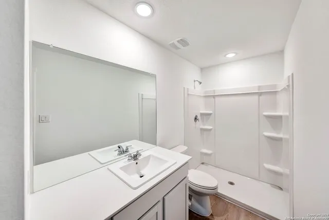 a bathroom with a sink a toilet and shower