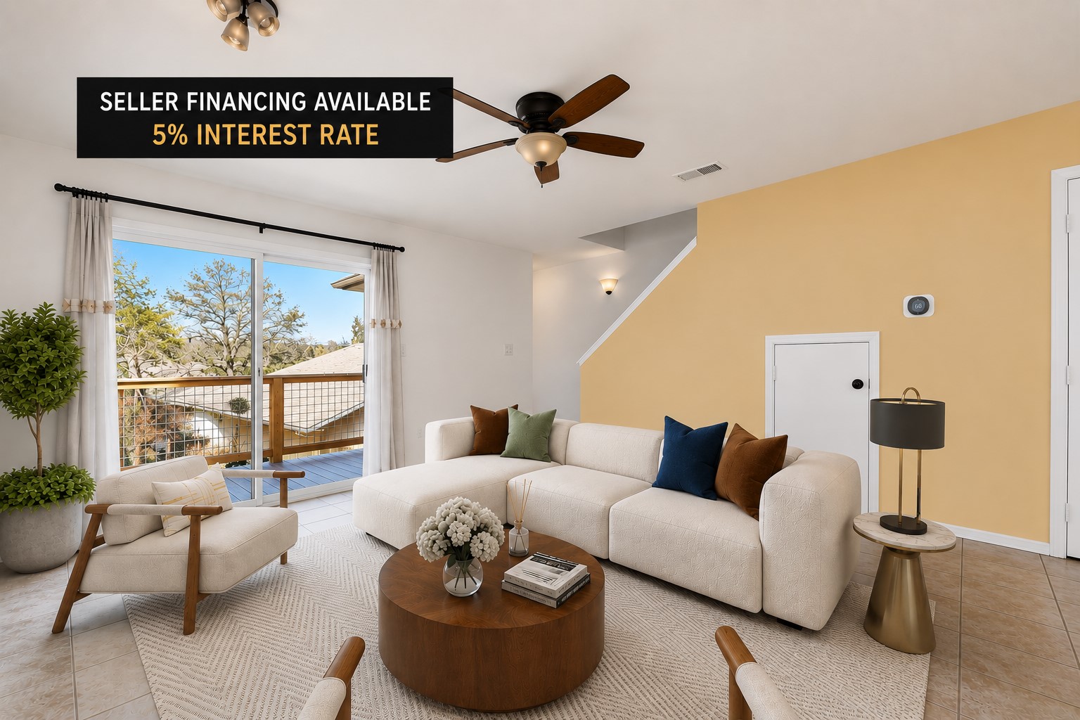 1703 Waterloo Trail, Unit B Austin, TX 78704 - Photo 1 of 36 Bright living area featuring a sliding glass door to an exterior balcony, a ceiling fan with integrated lighting, and tile flooring