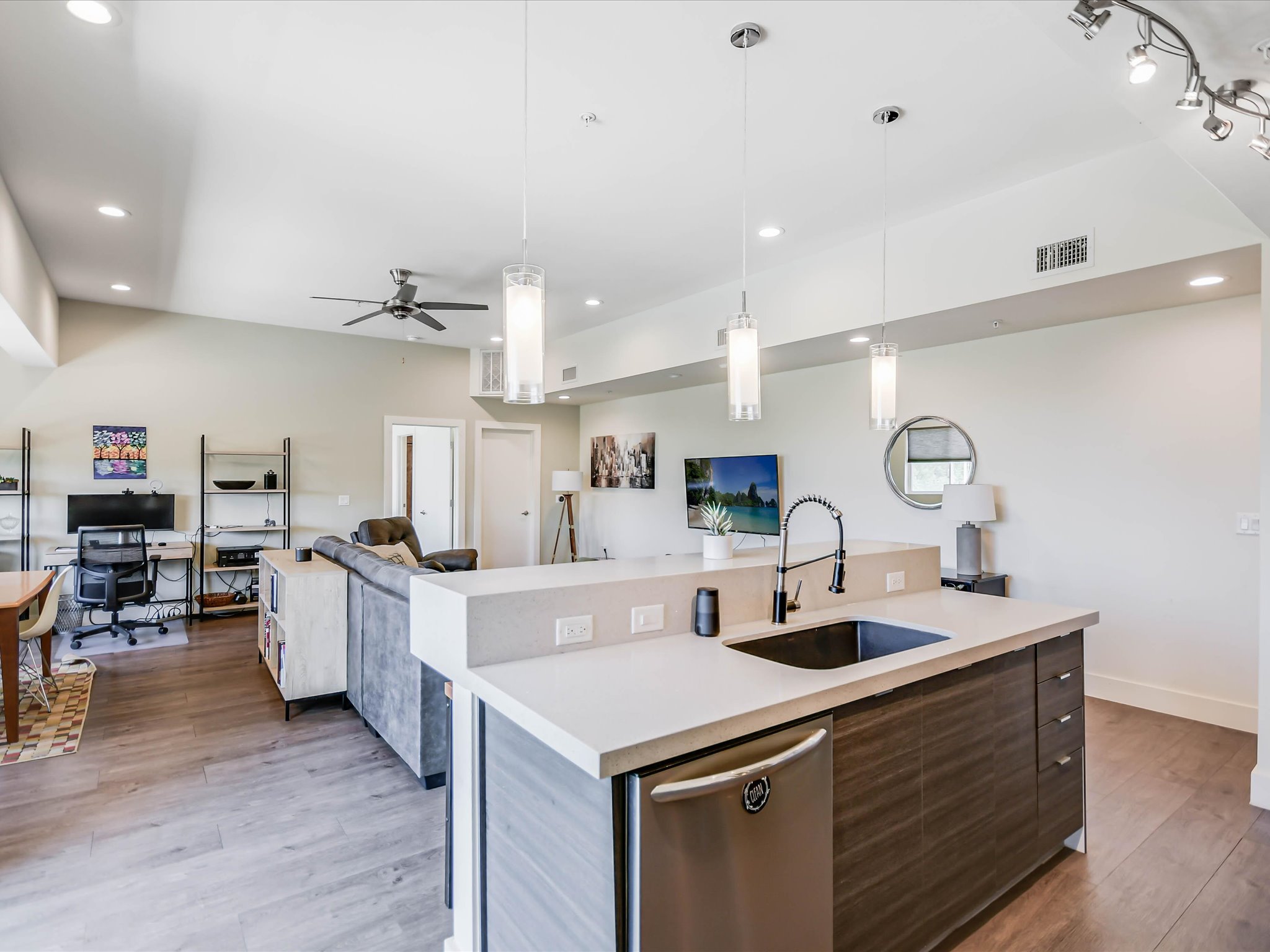 604 North Bluff Drive, Unit 101 Austin, TX 78745 - Photo 22 of 22 Kitchen featuring stainless steel dishwasher, open floor plan, a ceiling fan, light wood-style flooring, and light countertops