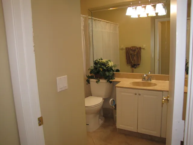 a bathroom with a sink and mirror with toilet