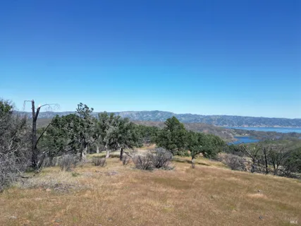 a view of a dry yard with mountains in the background