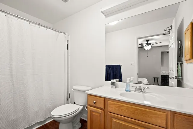 a bathroom with a sink a toilet a mirror and shower curtain
