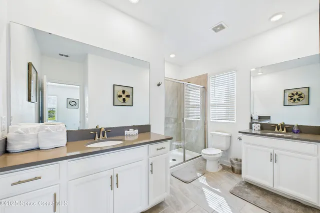 a bathroom with a double vanity sink a toilet a mirror and shower