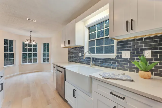 a kitchen with a sink and potted plant