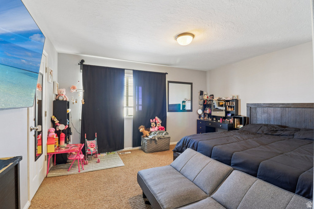 1077 South 1850th Street West Springville, UT 84663 - Photo 12 of 22 Bedroom featuring carpet and a textured ceiling