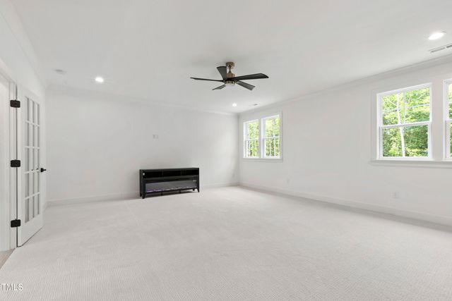 a view of a grassy field with trees in the background