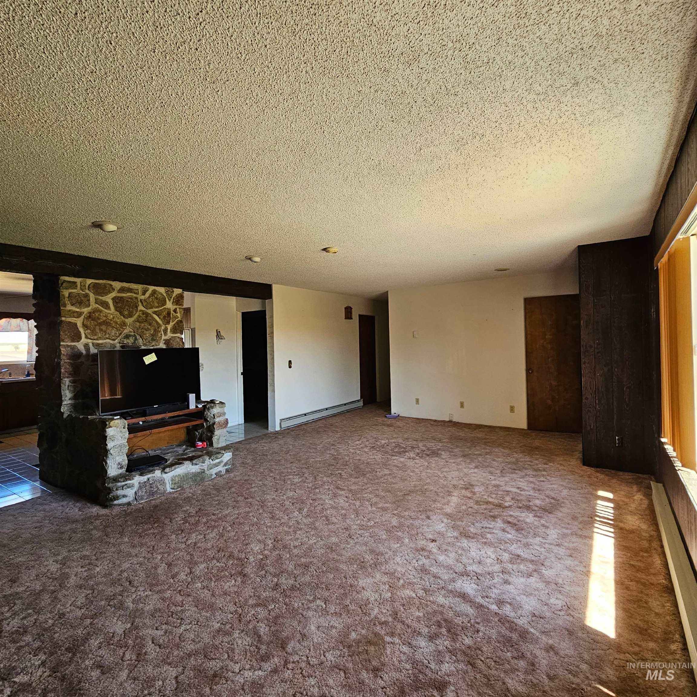 1034 Greencreek Road Greencreek, ID 83533 - Photo 4 of 42 Unfurnished living room with carpet floors, a textured ceiling, baseboard heating, a fireplace, and a baseboard heating unit