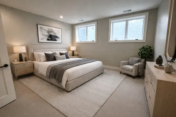 a bedroom with a bed couch and window