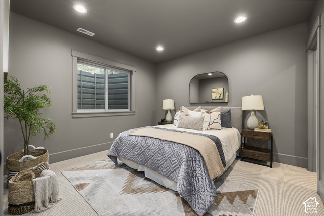 1175 North Elk Rdg Lane, Unit 201 Alpine, UT 84004 - Photo 35 of 38 Recessed lighting, window with white trim, gray wall paint, light-colored carpeting, and a solid gray door