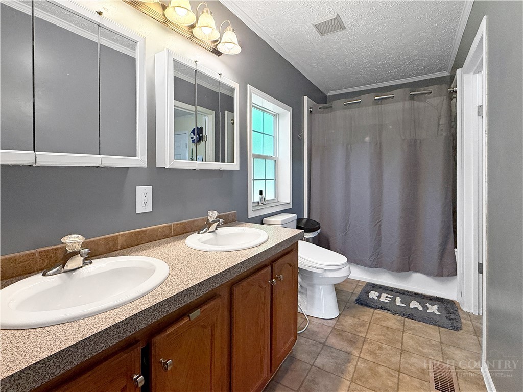 1173 Hopewell Church Road Boone, NC 28607 - Photo 14 of 39 a bathroom with a double vanity sink toilet and a mirror
