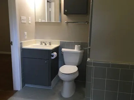 a bathroom with a toilet sink and mirror