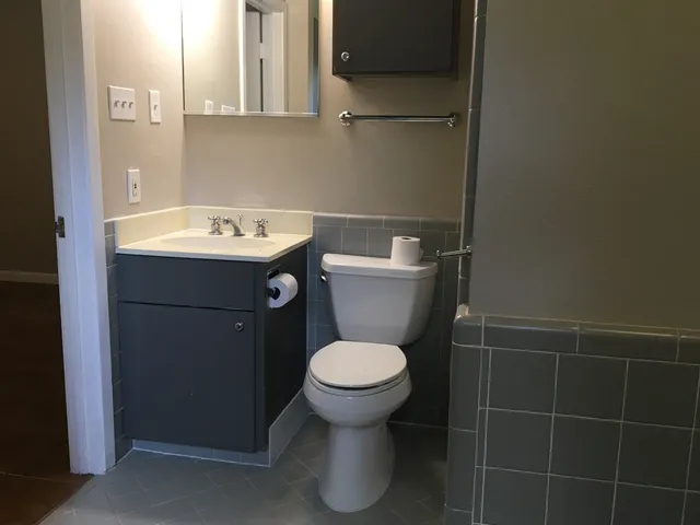 a bathroom with a toilet sink and mirror