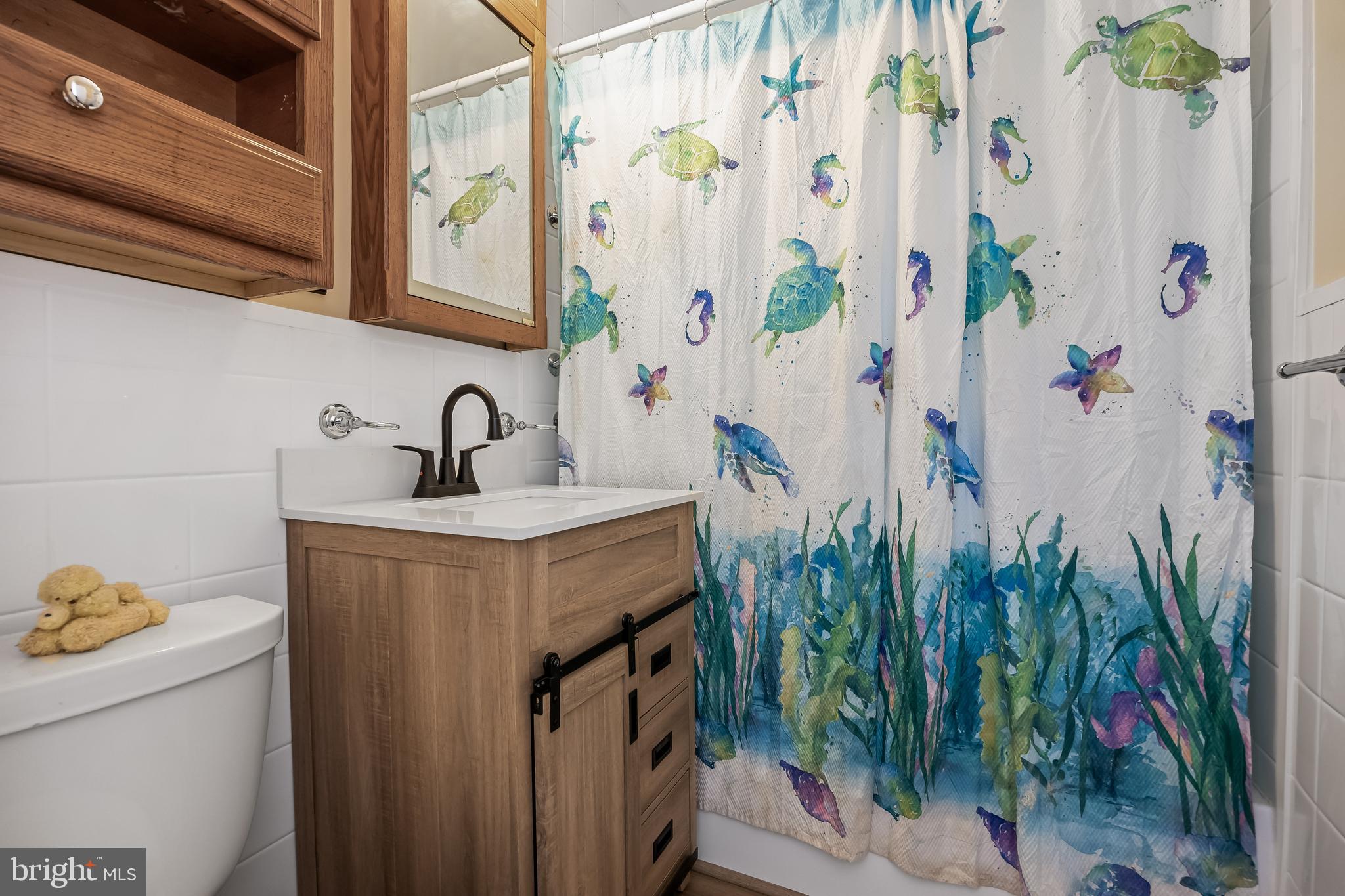 227 University Avenue Pemberton, NJ 08068 - Photo 17 of 33 a bathroom with a sink a mirror and a shower curtain