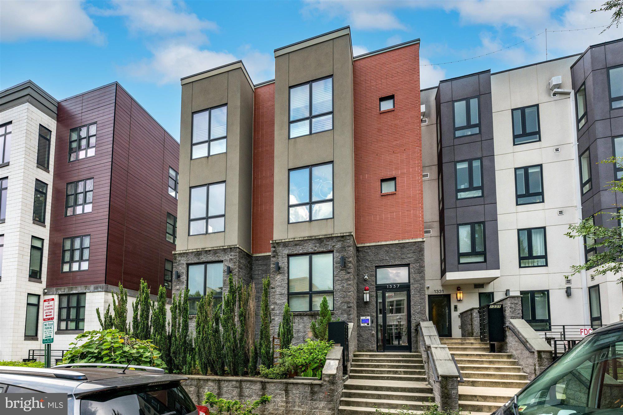 a front view of a multi story building