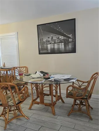 a view of a dining room with furniture