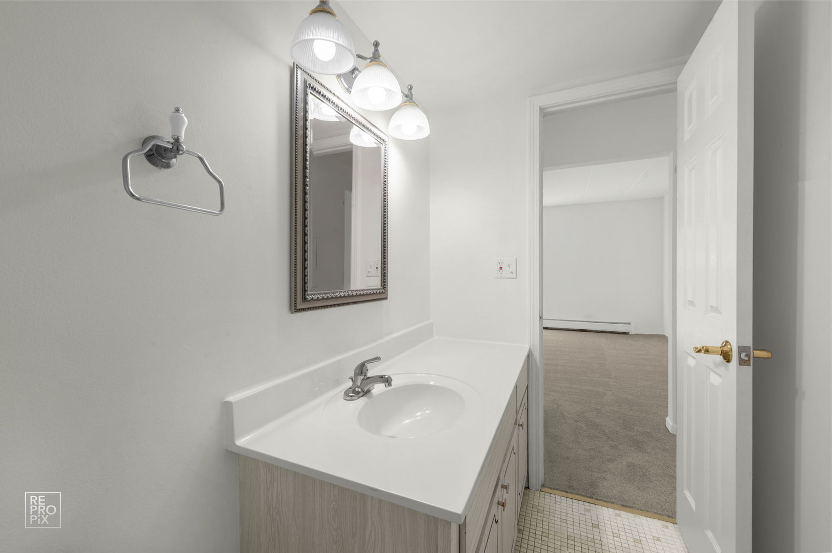 264 East Bailey Road, Unit E Naperville, IL 60565 - Photo 6 of 10 a bathroom with a sink a mirror and shower