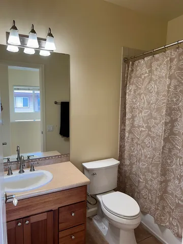 a bathroom with a sink a toilet and a mirror