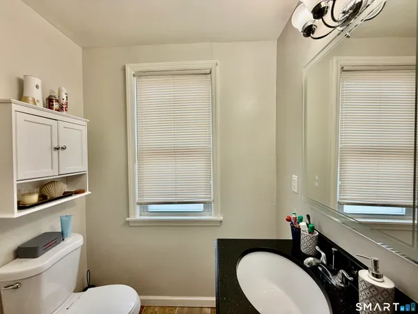 a bathroom with a sink a toilet and a mirror