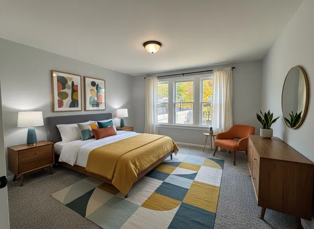 a bedroom with a bed and a chair