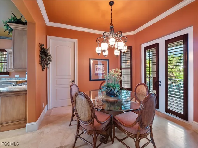 a view of a building with porch and dining area