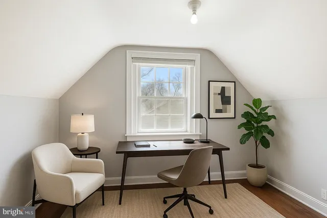 a workspace with furniture and a potted plant